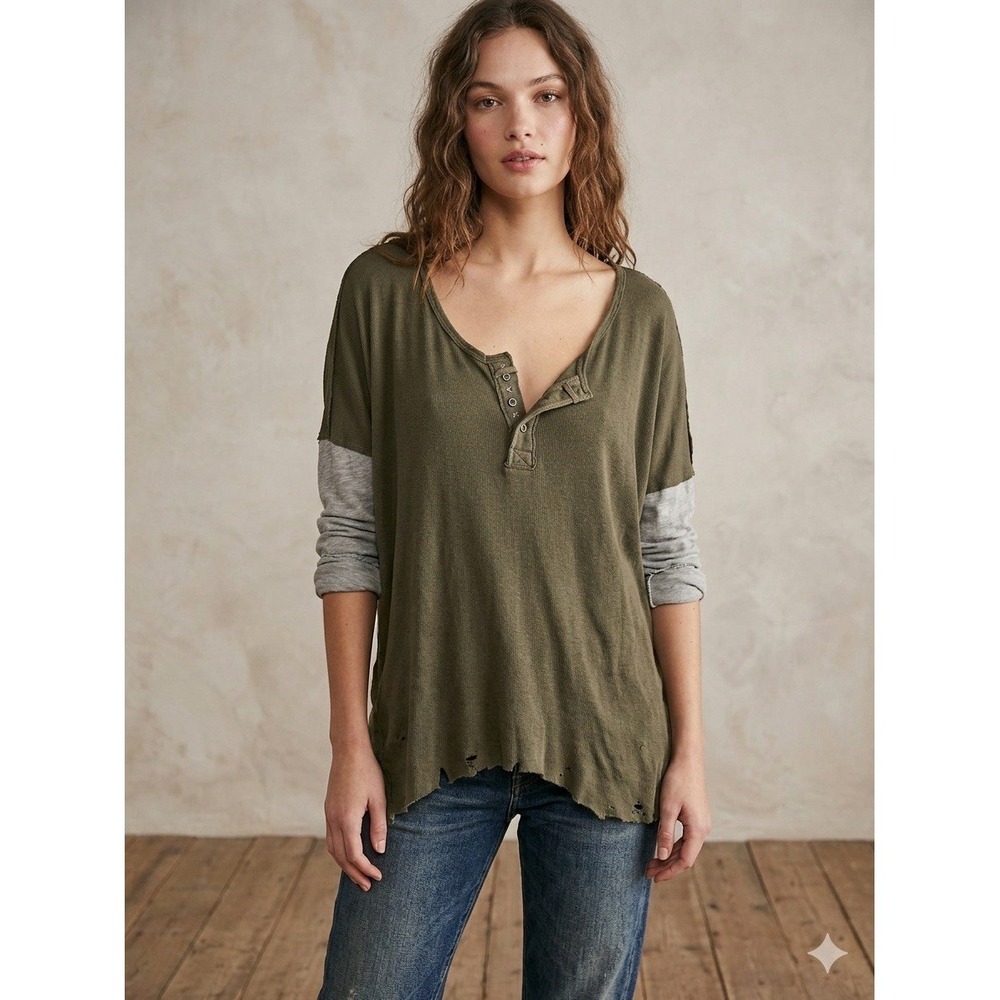 Free People We The Free Star Henley M Olive Green Distressed Grunge Raw Hem
